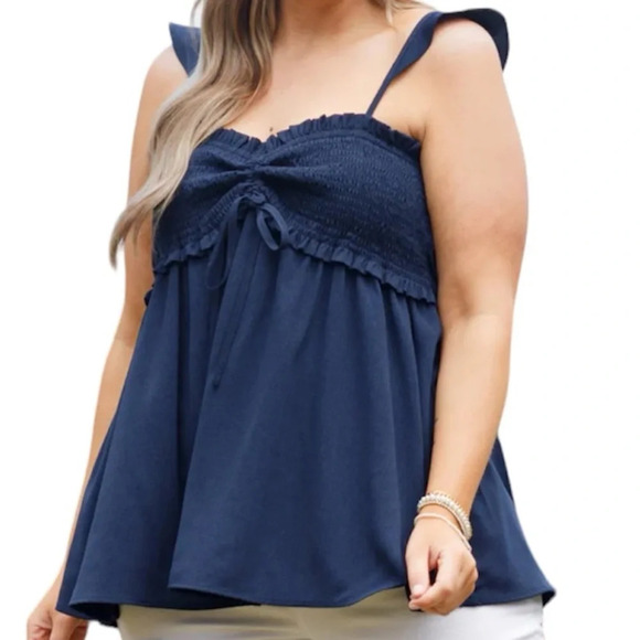 Chic Soul Tops - Chic Soul Navy Blue Ruched Spaghetti Strap Blouse-  Women's 2X